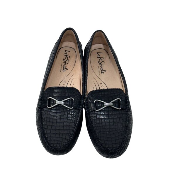 LifeStride Womens Black Crocodile-Embossed Loafers Silver Buckle Detail Size 10M - Picture 2 of 14